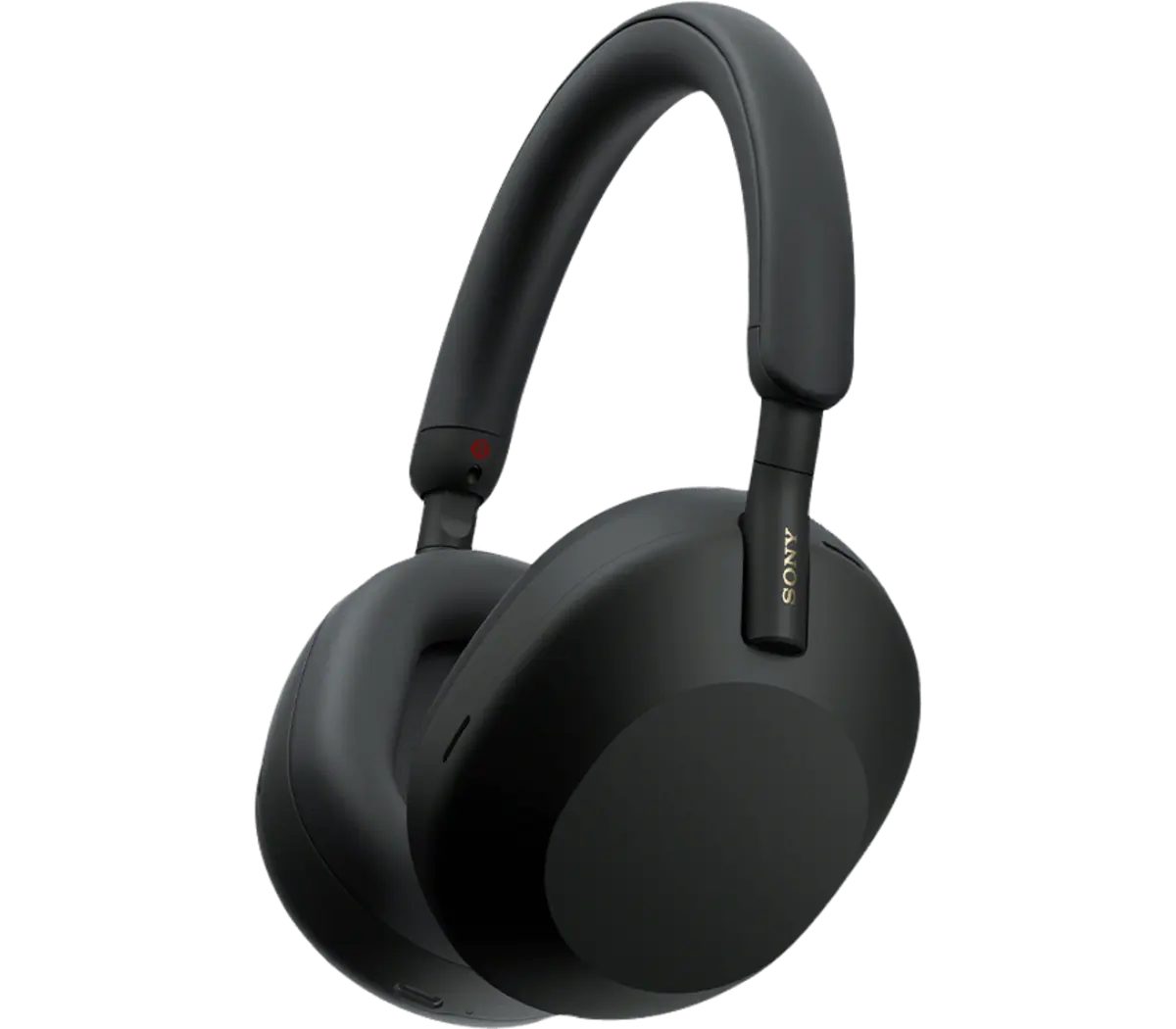 Sony WH-1000XM5 over-ear headphones in black, three-quarter view on a white background
