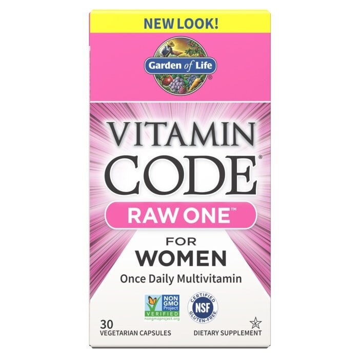 Garden of Life Vitamin Code RAW ONE for Women carton, 30 vegetarian capsules, with three marks along the bottom edge: Non-GMO Project Verified, a round blue NSF badge reading CERTIFIED across the top and GLUTEN-FREE across the bottom, and a Kosher star