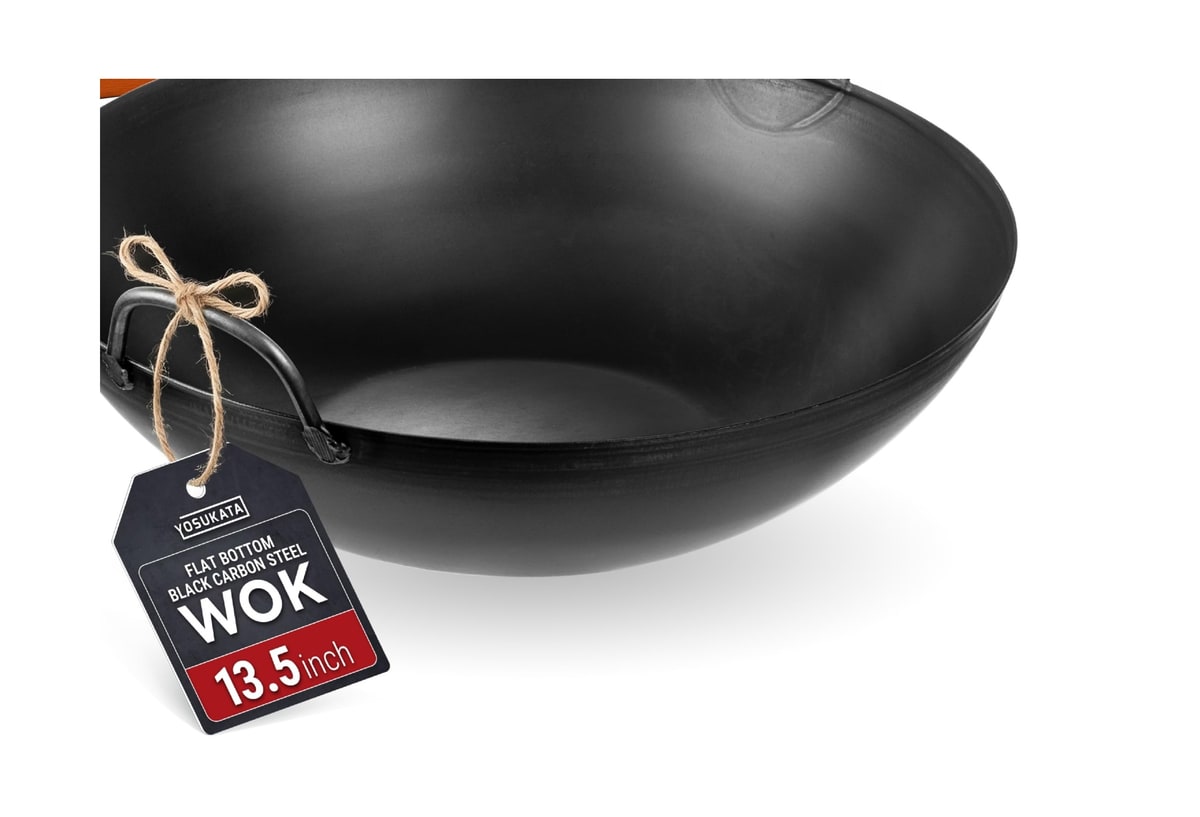 Yosukata 13.5-Inch Flat Bottom Black Carbon Steel Wok